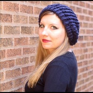 Handmade Slouchy Beret Navy Blue Knit Hat